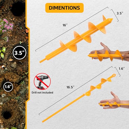 Garden Auger Drill Bit for Planting - Pack of (2) - 1.6”x16.5” & 3.5”x16” – Garden Spiral Hole Digging for Planting, Bulbs, Bedding Plants & More - Compatible with 3/8 Inch Hex Drive