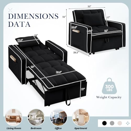 Sleeper Chair, 3 in 1 Convertible Chair Bed,Velvet Tufted Upholstered Single Pullout Sofa Chair Bed with Adjustable Backrest&Side Pockets,Recliner Lounger Bed for Living Room/Office/Small Space(Beige)