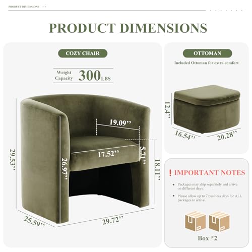 COLAMY Upholstered Velvet Barrel Accent Chair with Storage Ottoman, Morden Living Room Chair with Lounge Seat for Bedroom/Reading Spaces, Green