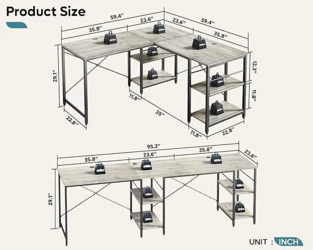 LNboomLife 95.2\u201D L Shaped Desk  Reversible Corner Computer Desk or 2 Person Long Table with Adjustable Shelves  Large Writing Study Workstation with 3 Cable Holes - Oak