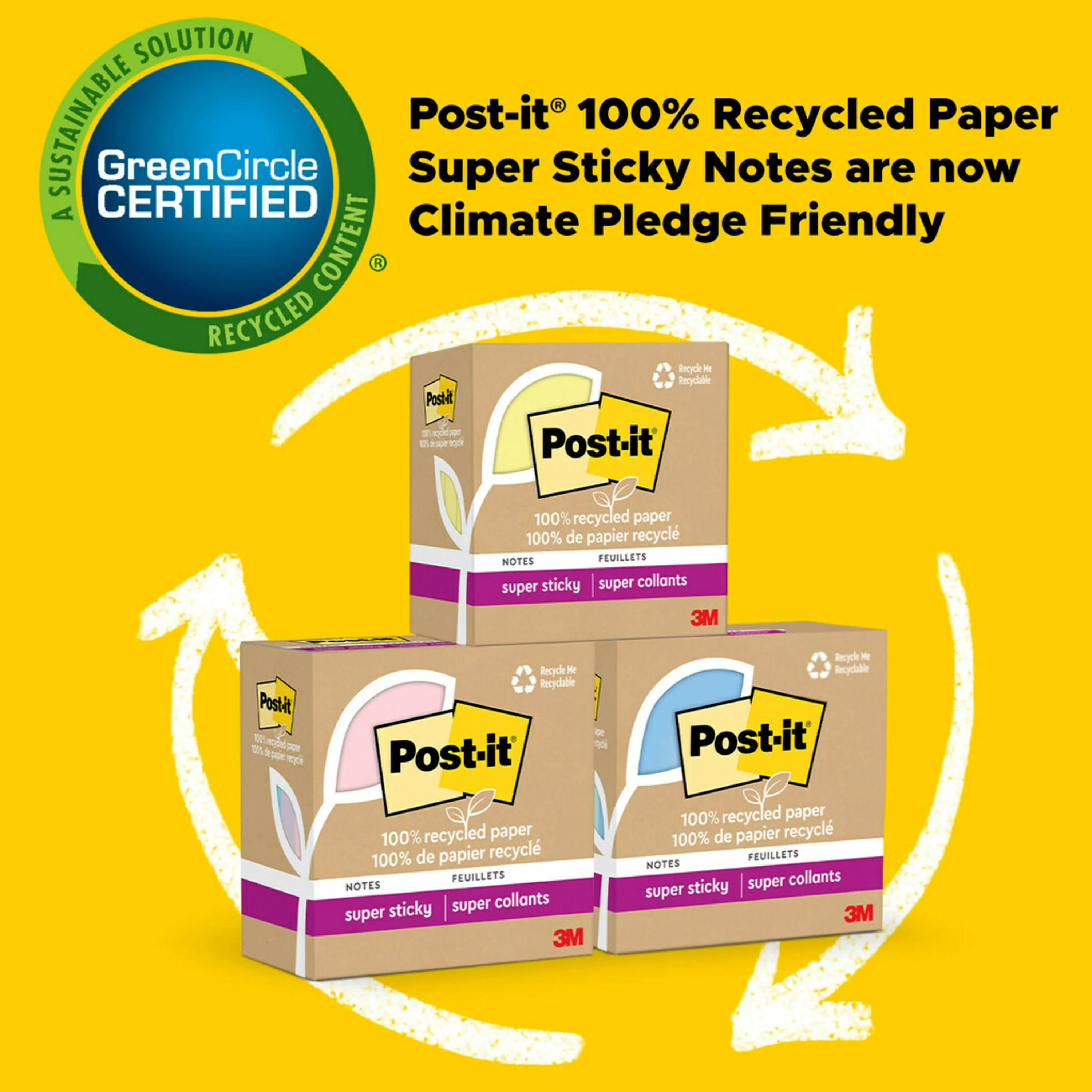 Post-it 100% Recycled Paper Super Sticky Notes, Oasis, 5 Pads