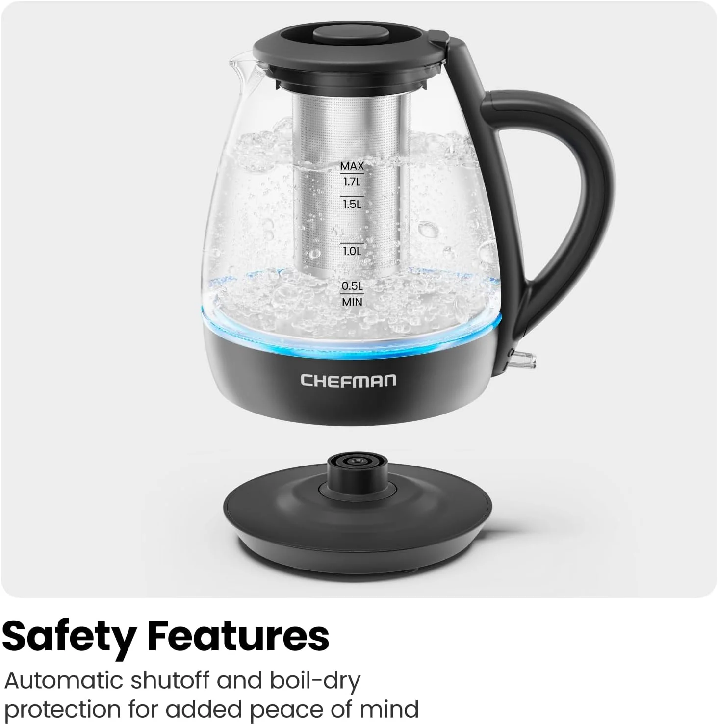 Chefman Fast Boil 1.7L Electric Glass Kettle w/ Tea Infuser, Removable Lid - Black, New