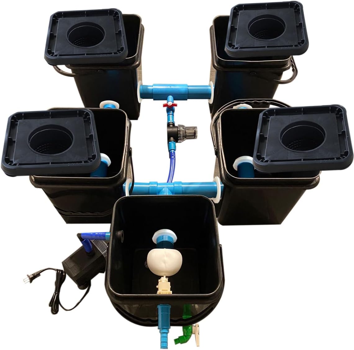 HYDROPONICS Earth,4+1 RDWC Full Set, Recirculating Deep Water Culture RDWC Hydroponics Grow System, 20L, 4 Sites with Connected Reservoir, Black, rdwc2in41