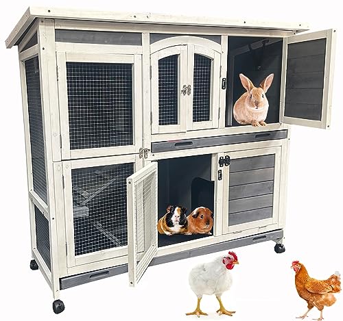 Large Classic Double Story Wooden in/Outdoor Rabbit Hutch Guinea Pig House Chicken Coop On Wheels Small Animals Cat Home for Bunny Cage Washable Tray