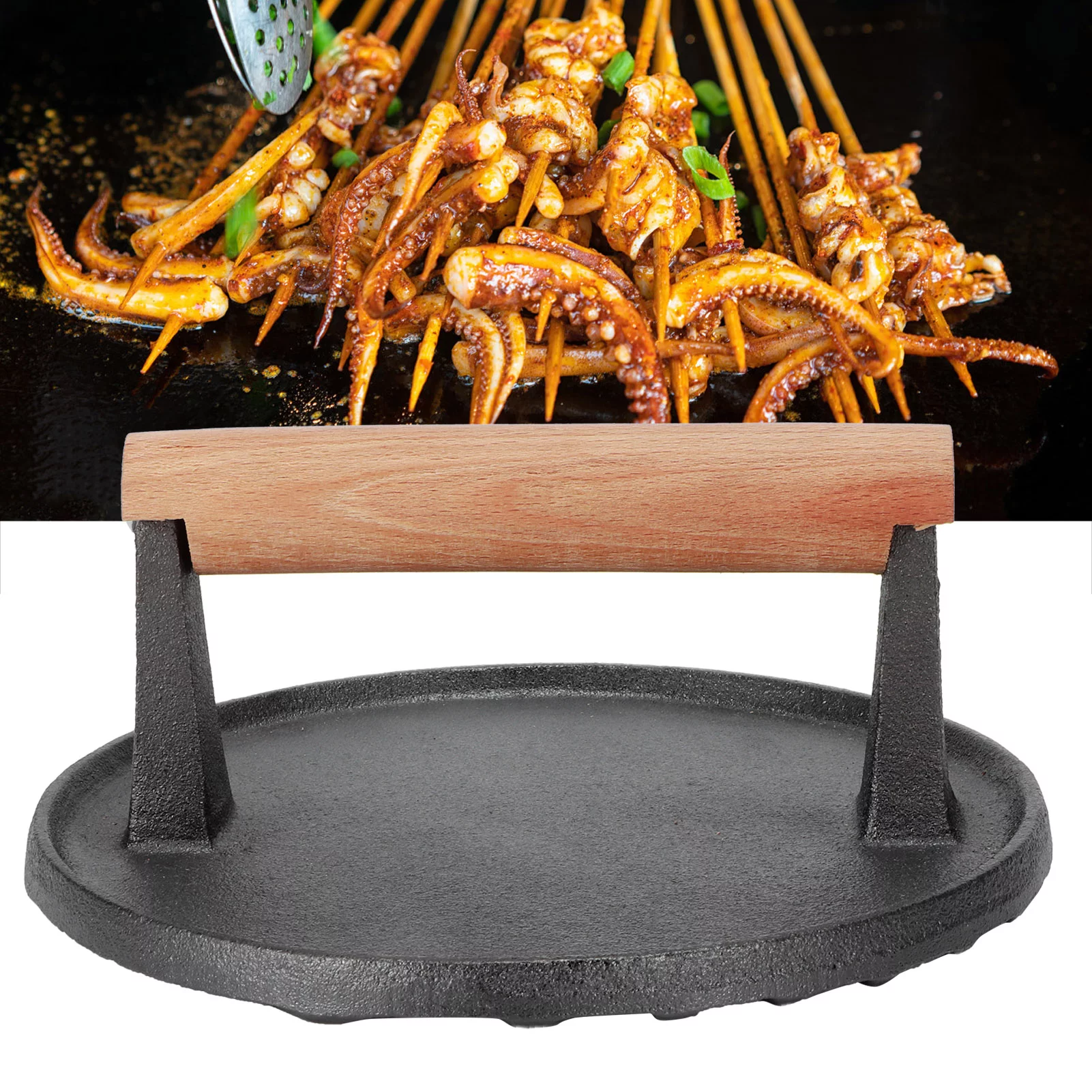 Round BBQ Tool Cast Iron Wooden Handle Steak Press Grill Roast Fried Meat Pressure Tool