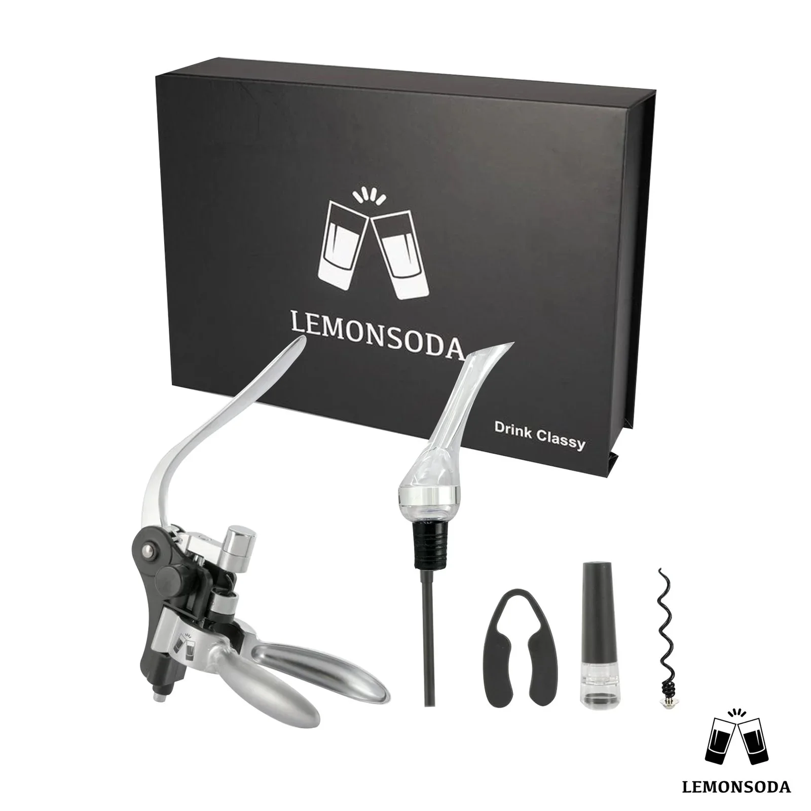 LEMONSODA Wine Bottle Opener Kit - Wine Lever Corkscrew Opener, Wine Pourer, Wine Foil Cutter, Vacuum Wine Stopper, Extra Spiral - Elegant Metal Wine Openers