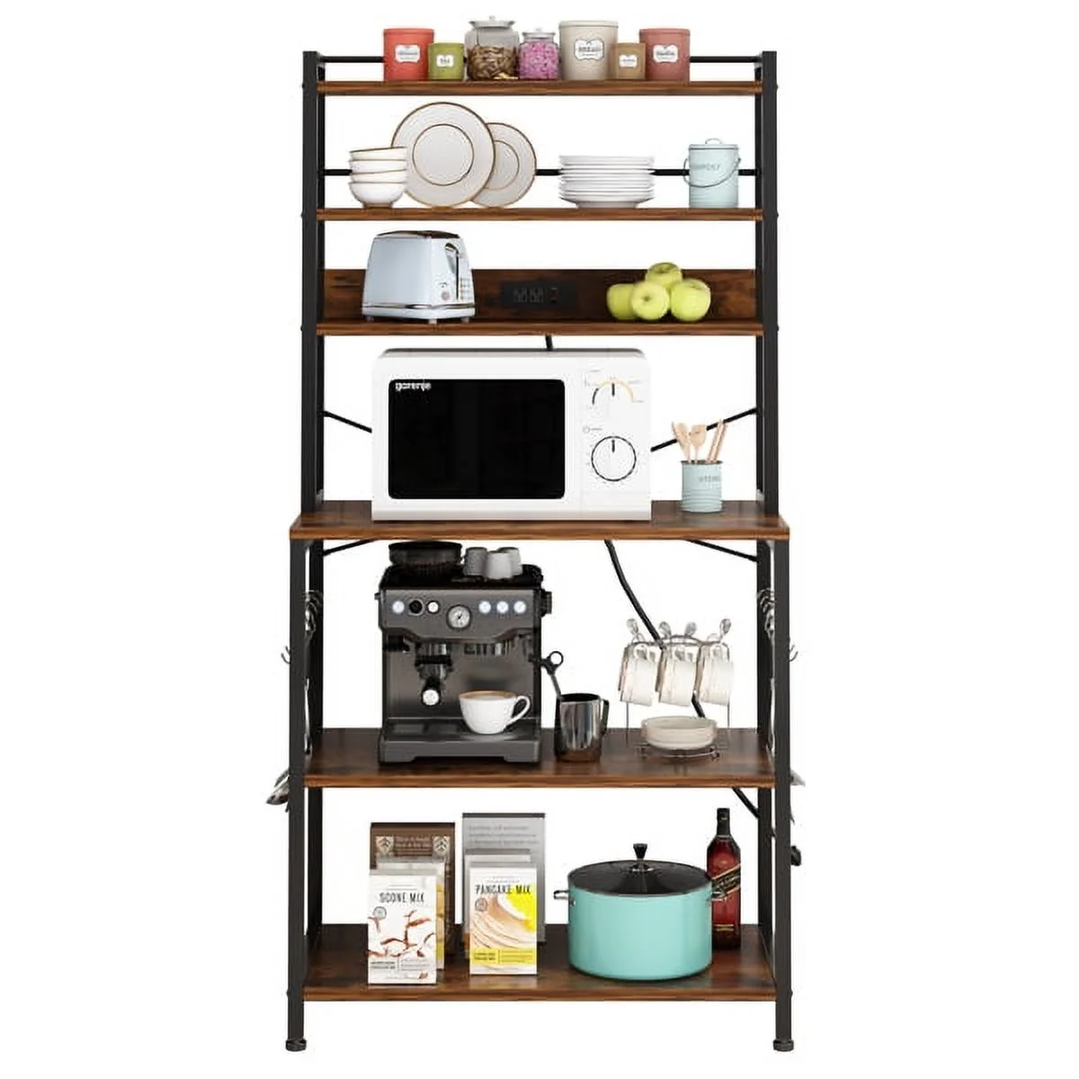 SYTHERS Bakers Rack with Power Outlets, 6-Tier Microwave Stand with 10 S hooks, Large Kitchen Storage Rack for Kitchen, Living Room, Rustic Brown, 31.5