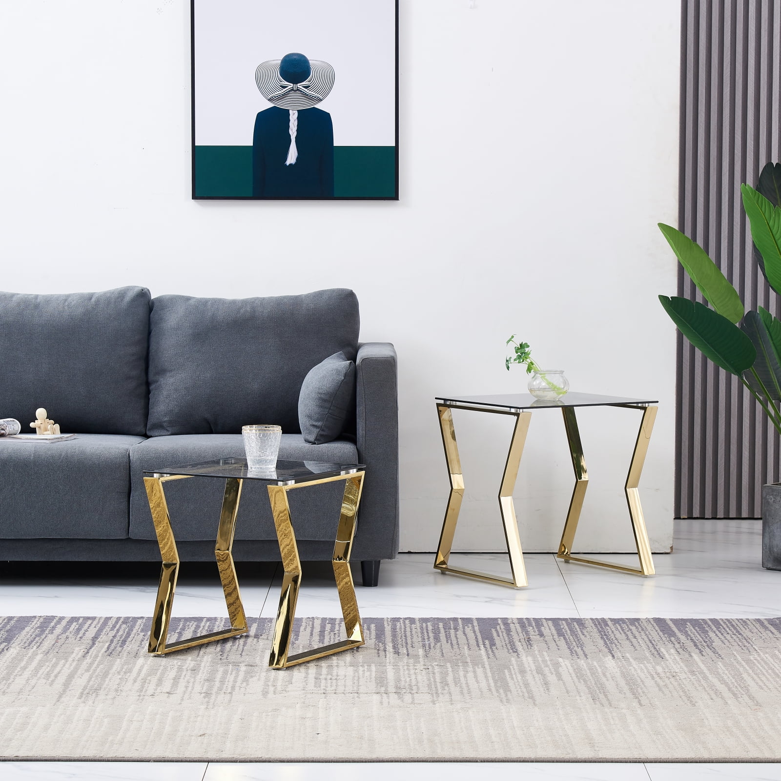 KEIVVAKN 2 Pieces Nesting Tables Gold Glass End Table Modern Small Coffee Table Stainless Steel Frame Tempered Glass Top Side Table Sofa Table Center Table for Small Spaces Living Room