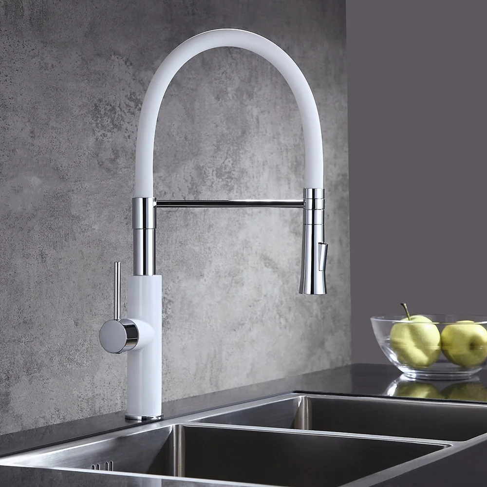 Homary Modern Sleek White & Chrome Pull-Down Spray Kitchen Faucet Single Handle Solid Brass