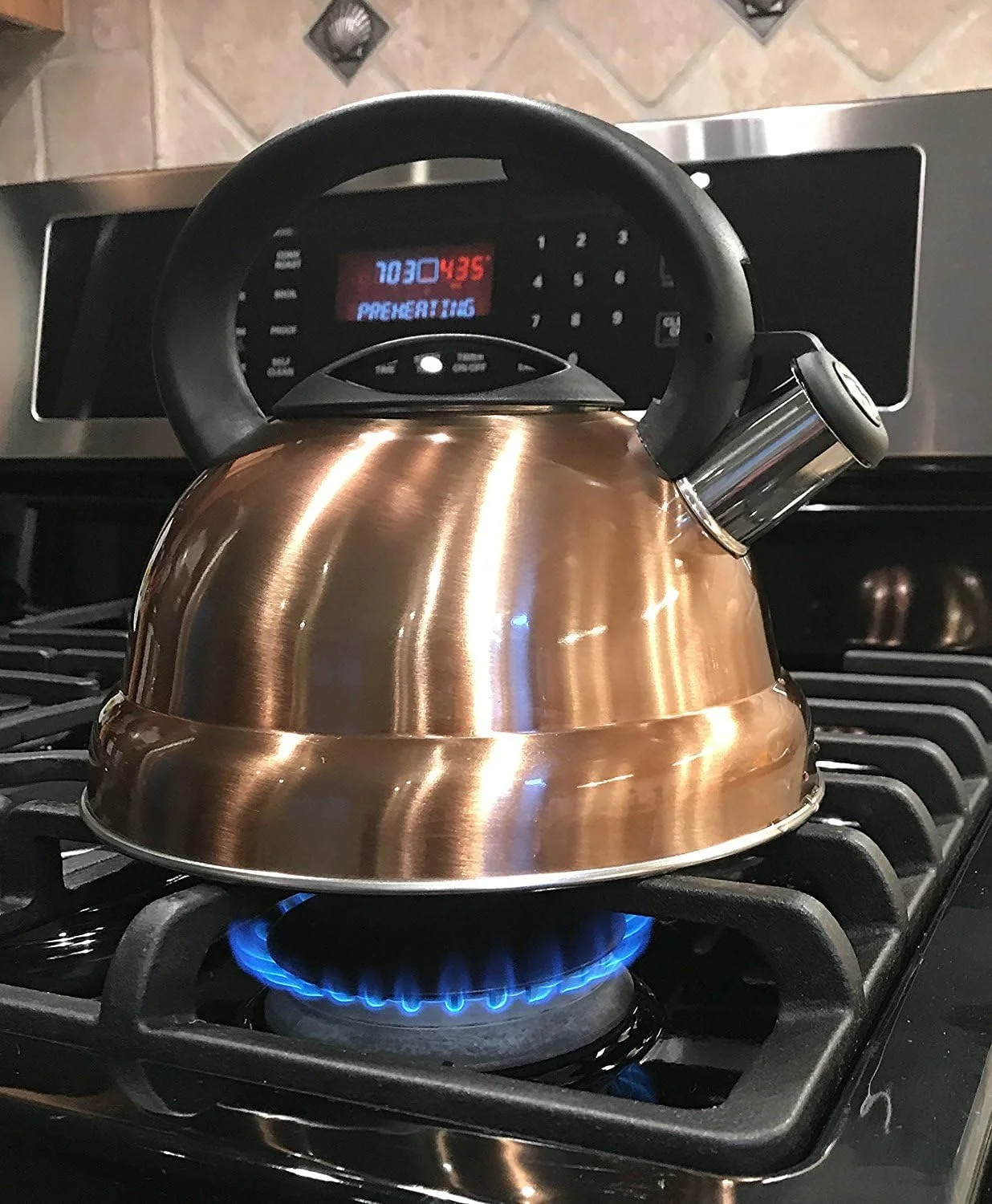 3 Quart Whistling Tea Kettle - Modern Stainless Steel Whistling Tea For Stovetop With Cool Grip Ergonomic Handle - Brush Copper Finish