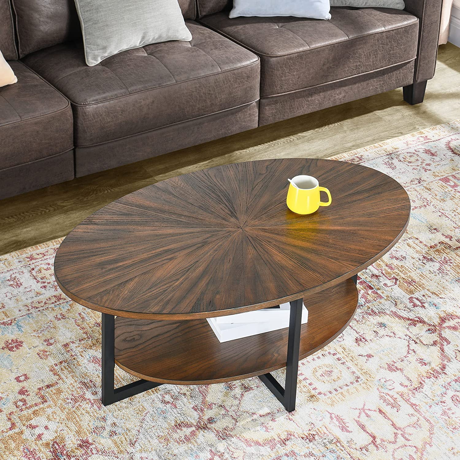 Wood Oval Coffee Table with Cross Metal Legs  43.3" 2-Tier Modern Industrail Center Table with Open Shelf Polished Edging Cocktail Tea Table for Living Room Bedroom Home  Rustic Natur
