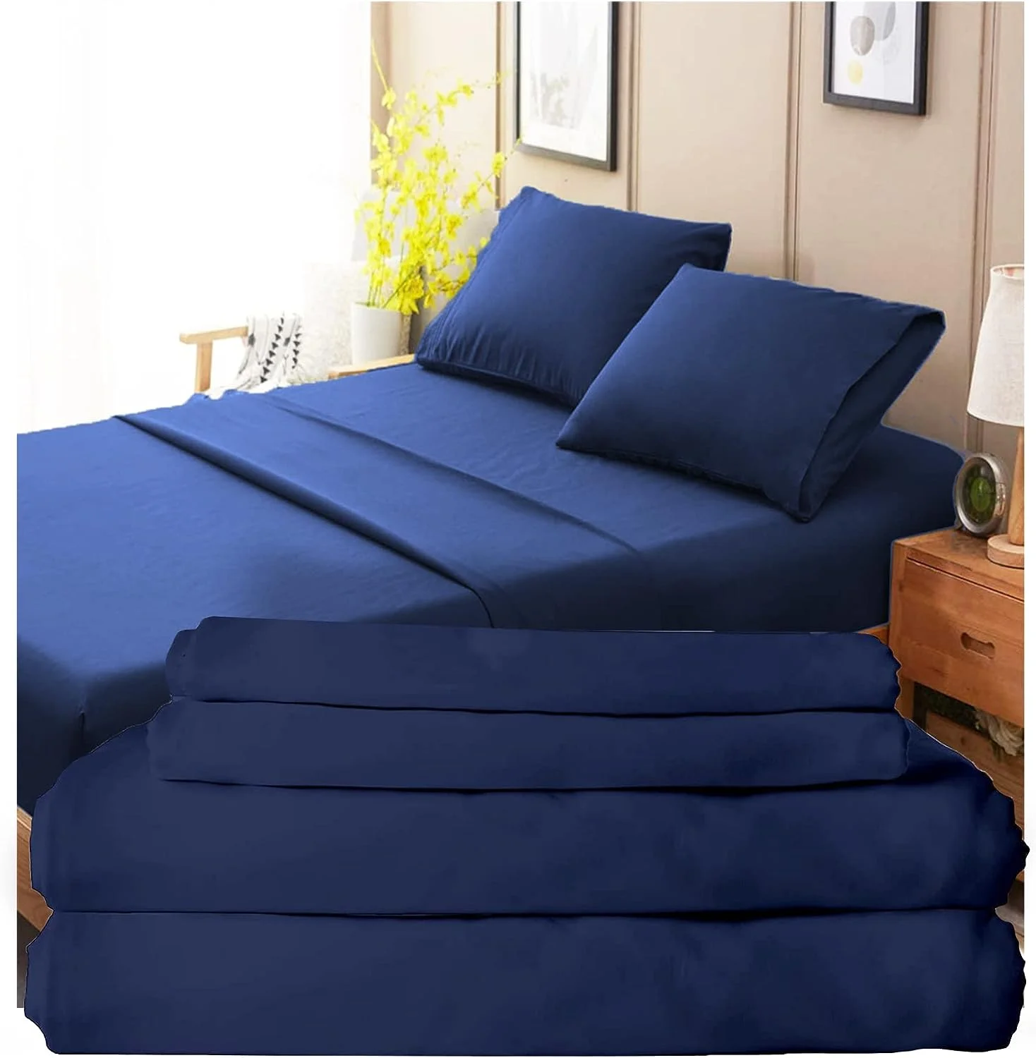 300 hread Cou Bed Shees For Size Bed | avy Blue, 4 Pcs Kig Size Bed Shees Se | 100% Coo | Exra Log Saple Yars | Saee Weave  Bed Shees & Pillowcases