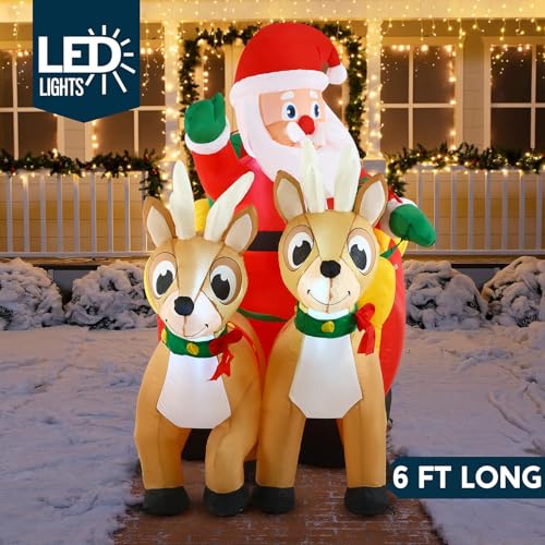 Joiedomi 6 FT Long Christmas Inflatable Santa on Sleigh with 2 Reindeer, Inflatable Christmas Yard Decorations with Build-in LED, Blow Up Xmas Decorations Outdoor for Party Yard Garden Lawn Décor
