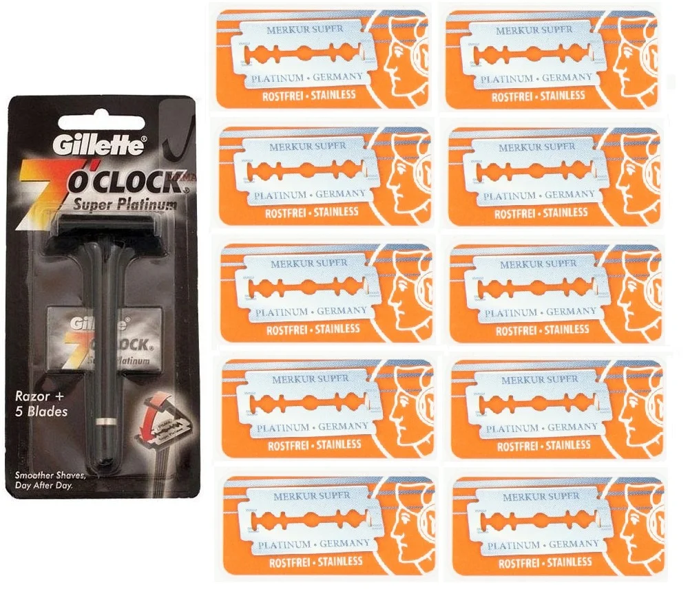 Gillette 7 O'Clock Super Platinum Safety Razor w/ 5 Blades + Merkur Double Edge Safety Razor Blades 10 ct. (Pack of 10)