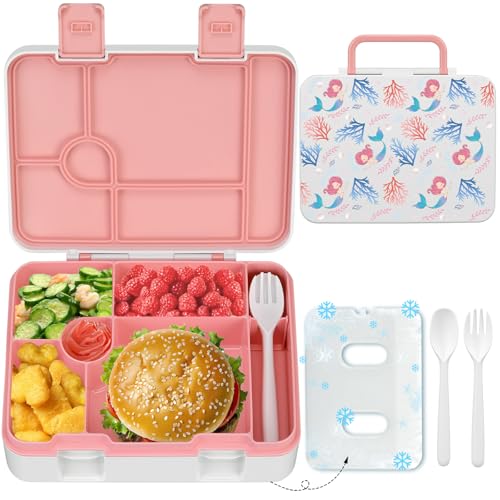Kids Bento Lunch Box with Ice Pack, 5 Compartments Leak-Proof Bento Box with Utensils, 5.5-Cup Capacity for Adults & Ages 8+, BPA Free, Microwave & Dishwasher Safe, Purple