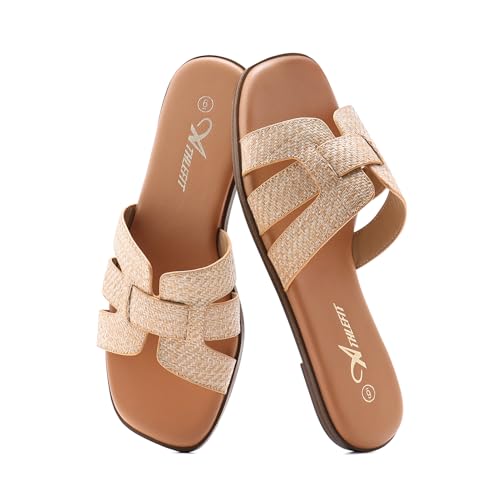 Athlefit Women's Flat Sandals Dressy Summer Square Open Toe Slip On Leather Slide Sandals