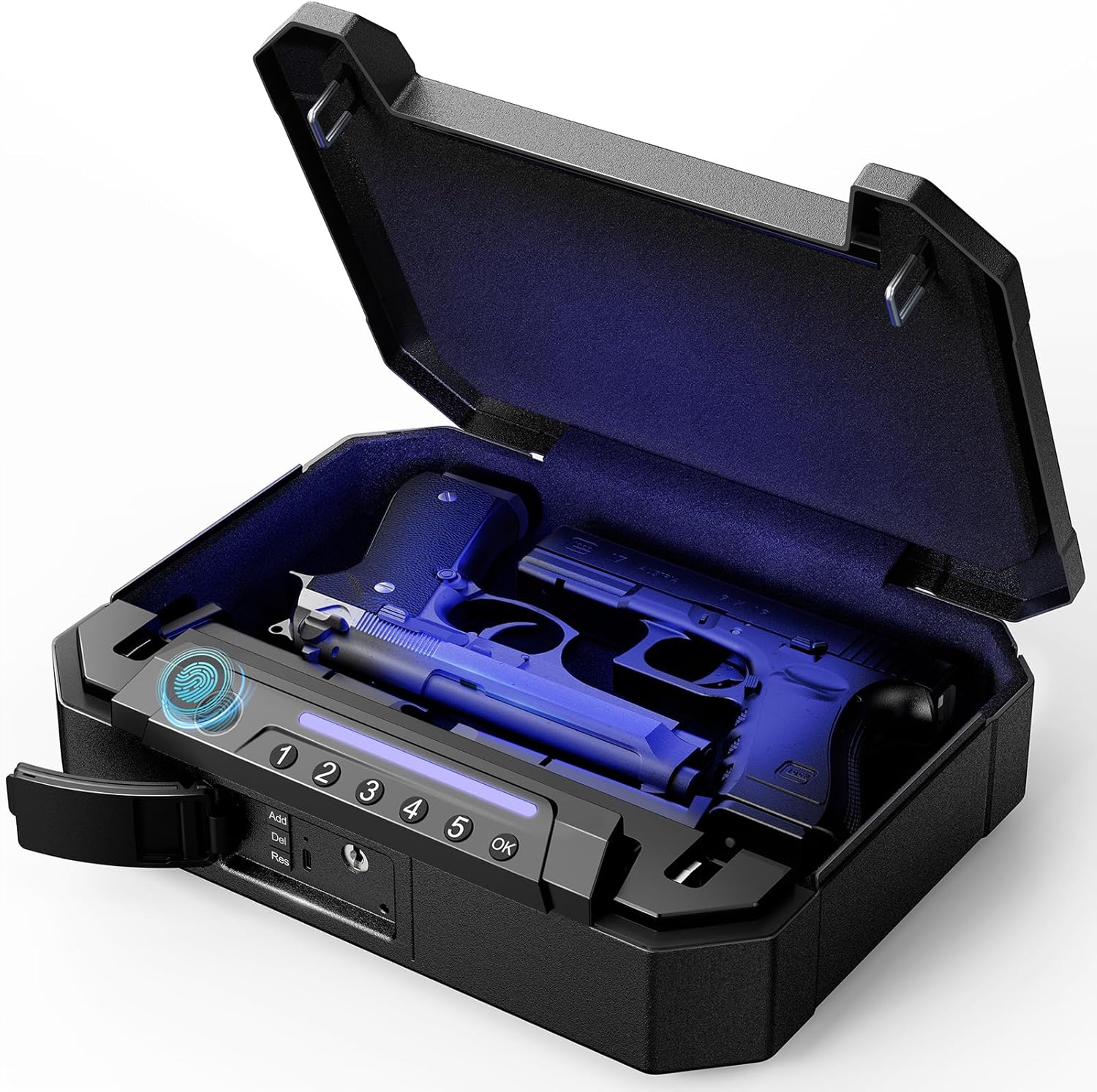 ONNAIS Biometric Gun Pistol Safe - Iron MAX Quick Access Fingerprint Gun Safe for Handgun with USB-C Charging, Extra-Large Pistol Case with Interior Light, Handgun Safe for Nightstand Beside and Car