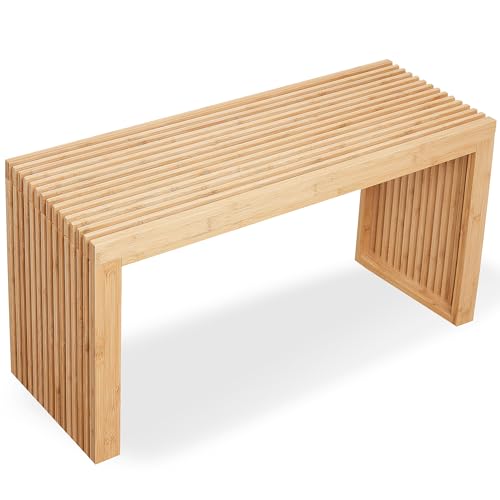 Bamboo Natural 36 inch Wooden Bench, Small Wood Benches for Entryway, Living & Dining Room, Kitchen, Bedroom, Bathroom, Hallway, Front Door, For Indoor & Outdoor Patio Use, Mid Century Modern Decor