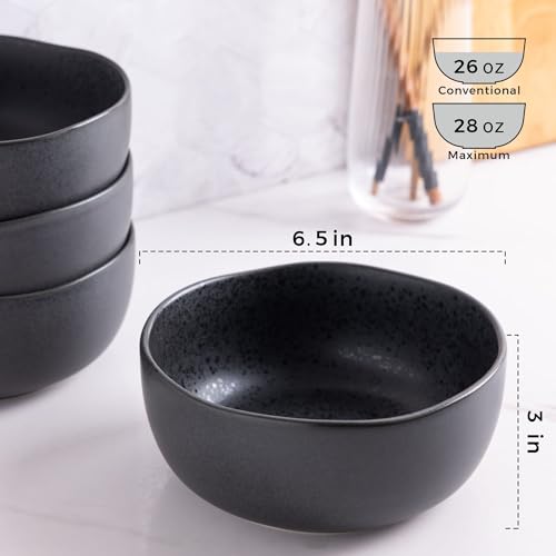 AmorArc Stoneware Cereal Bowls for Kitchen, 28oz Large Ceramic Soup Bowls Set of 6 for Meal, Chip-Resistant Kitchen Bowls with Wavy Rim, Reactive Glaze-Matte Black