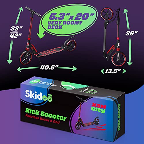 Skidee Adult & Teen Scooter Adjustable Height, Folding, Large Wheels, Lightweight, Durable, Anti-Shock Suspension, Up to 220 lbs