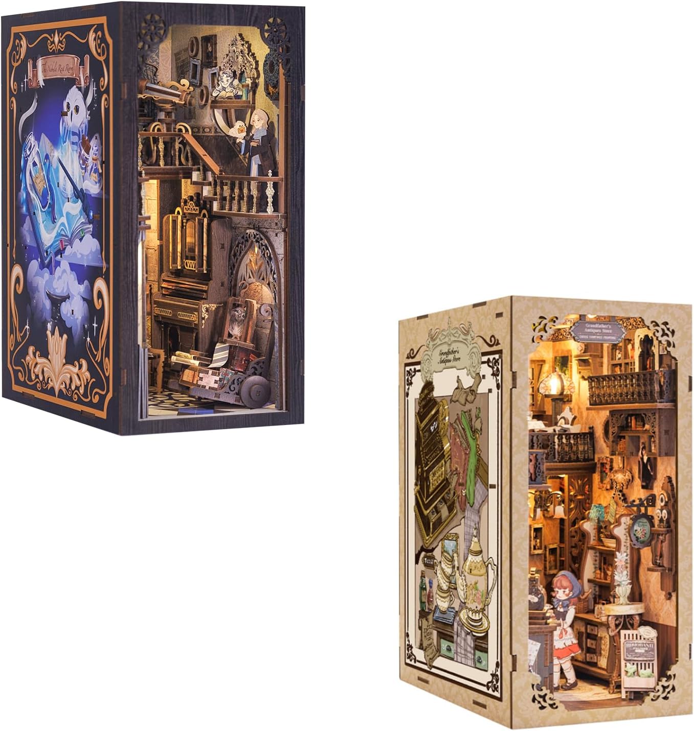 Fsolis DIY Book Nook Kit, Book Nook Dollhouse Kit with Dust Cover Miniature House Kit Book Nook Shelf Insert LED Booknook 3D Wooden Puzzle Bookends DIY Mini Model Kit Bookshelf Decor