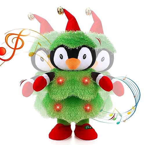 LED Musical Christmas Tree Penguin Stuffed Animal Repeats What You Say Light up Soft Plush Toy Singing Dancing Talking Record Mimicking Twisting Interactive Animated Dolls Decoration Xmas Gifts