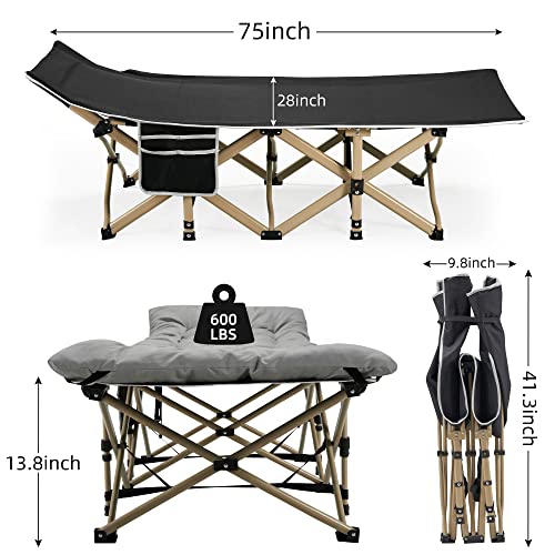 Portable Camping Cot, 600LBS Max Load, Extra Wide with Thick Mattress, Folding Cot for Outdoor Camping/Office, Home Nap (Grey)
