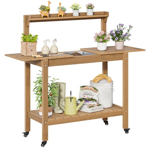 HDPS Outdoor Potting Bench with Sliding Tabletop/ 4 Wheels/Removable Sink, All-Weather Outside Garden Work Table, No Rust/Fade/Break, Potting Station for Porch, Patio & Backyard (Teak)