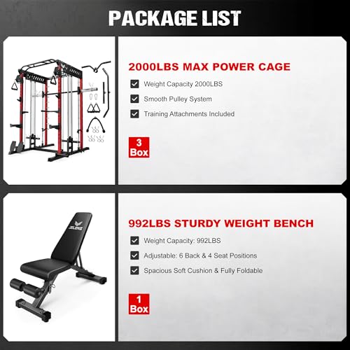 M21 Smith Machine, Multi-Function Power Cage with Dual Pulley Cable Crossover System, 2000LBS All-in-One Squat Rack with Smith Bar and Attachments