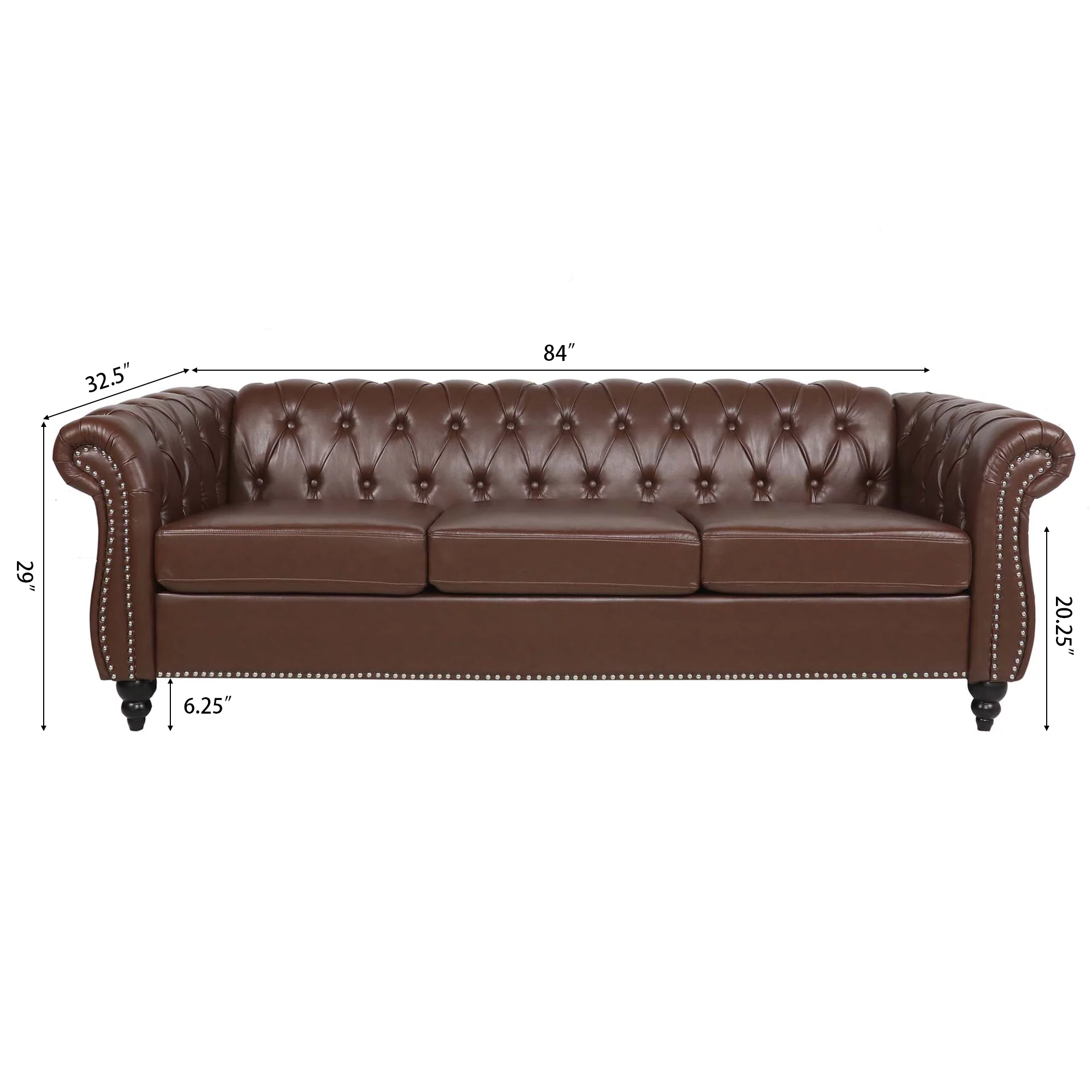 Chesterfield Sofas for Living Room, Rolled Arm 3-Seater Leather 84