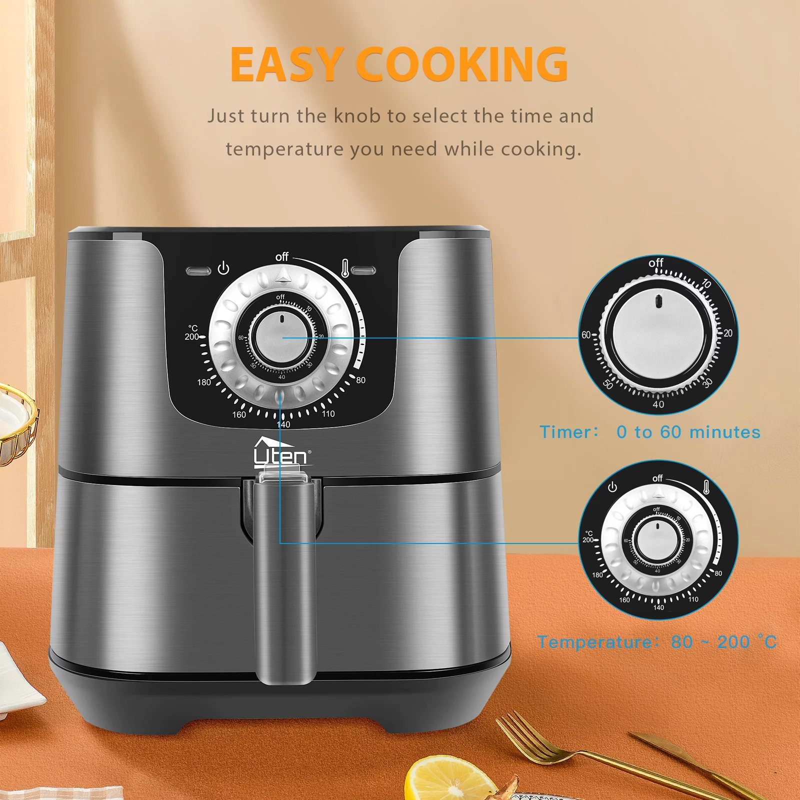 Uten 5.8 Quart Air Fryer, 1700W 8-in-1 Oilless Air Fryer with Non-Stick Basket, Black