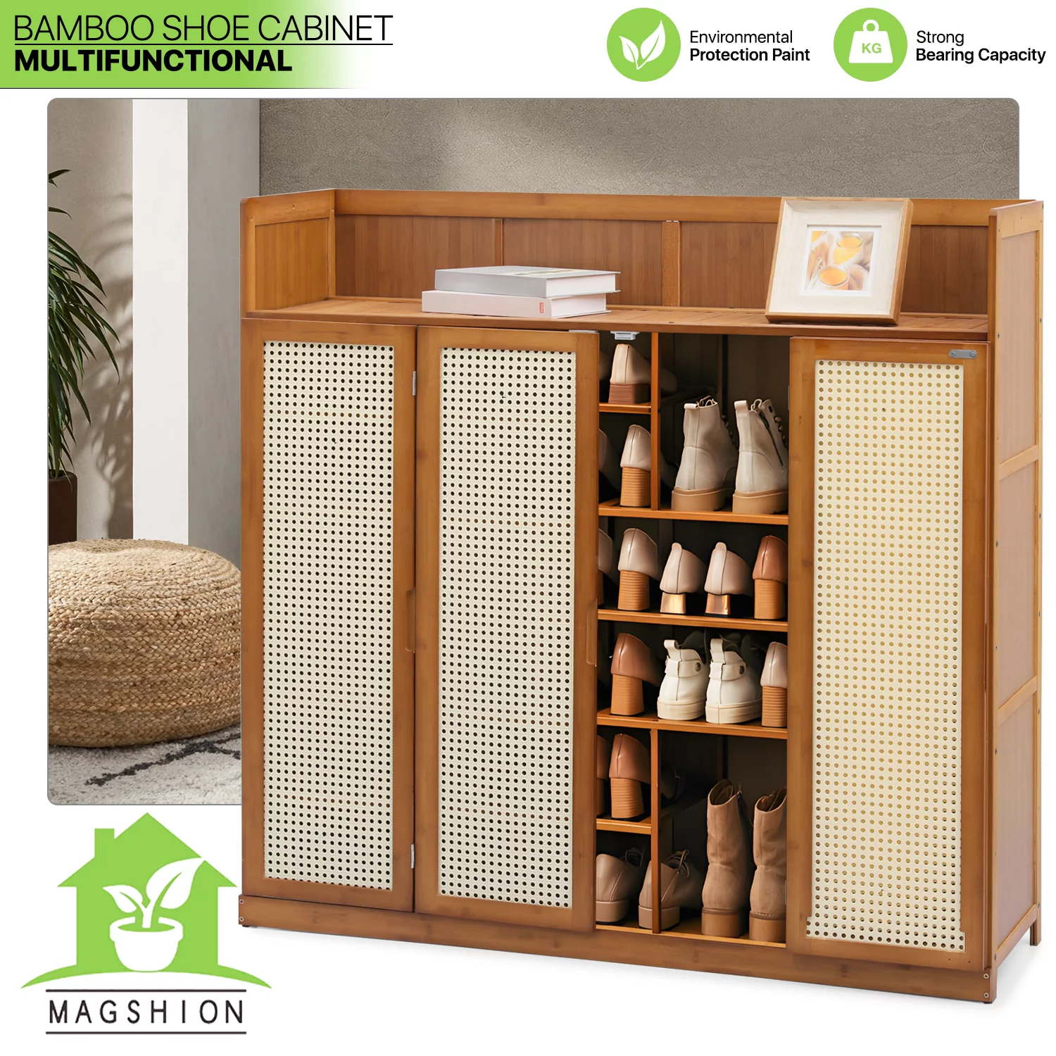 Magshion Bamboo 30 Pairs Shoe Cabinet, 7-Tier Entryway Shoe Storage Cabinet with Folding Rattan Doors and Boots Compartments, Shoe Rack Organizer For Hallway Living Room, Brown