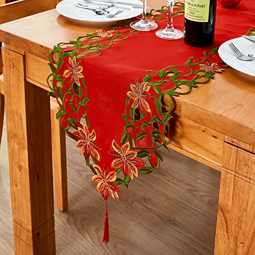 AMARED Christmas Embroidered Table Runner Cutwork Green Leaves Holiday Table Linens for Christmas Decorations 15x69 Inch