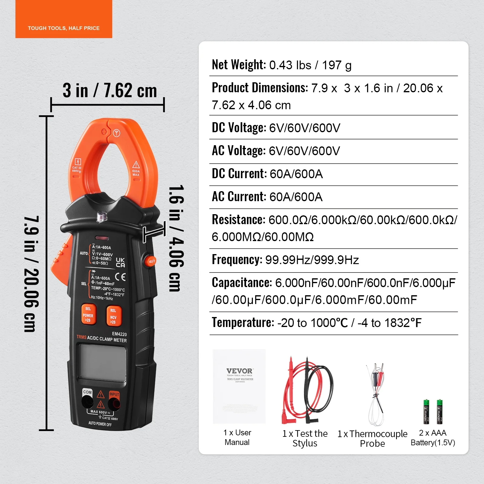 BENTISM Digital Clamp Meter Multimeter True RMS 6000 Counts, 600A AC DC Volt Amp NCV Measurement