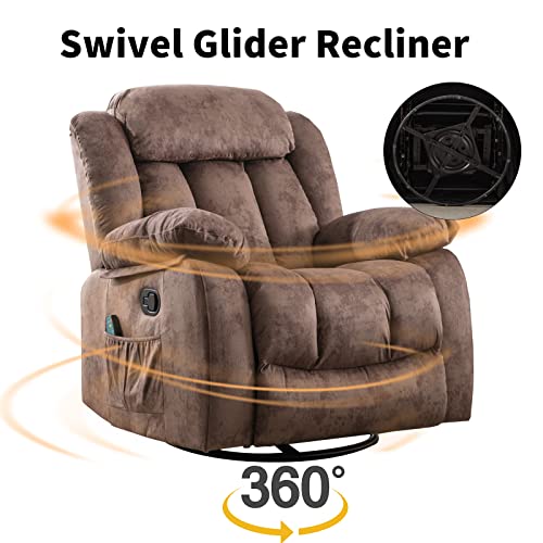 INZOY Massage Swivel Rocker Recliner with Heat and Vibration, Manual Rocking Recliner Chair with Vibrating Massage, Comfy Padded Overstuffed Soft Fabric Heated Recliner, Brown