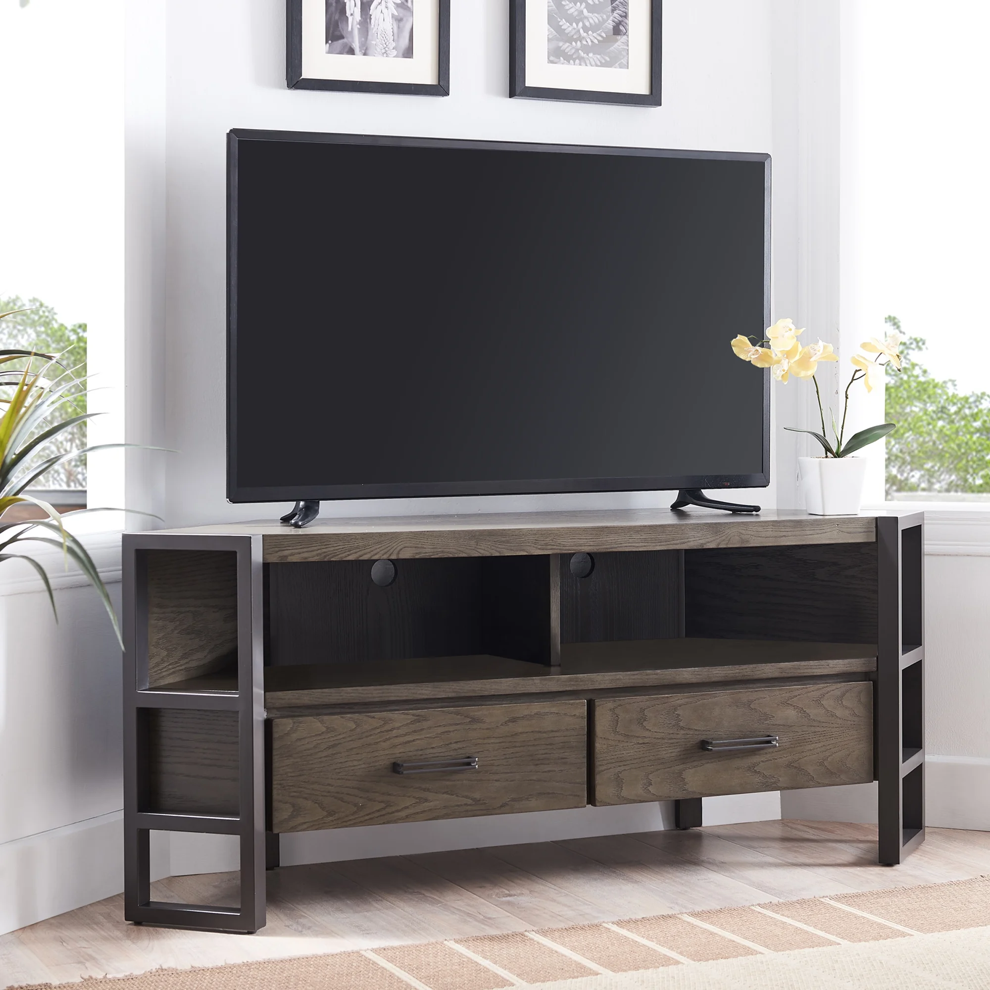 Leick Home 84389 Ender Mixed Metal and Wood Corner TV Stand For 60