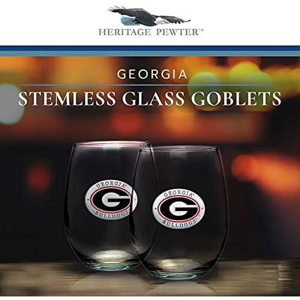 Georgia Stemless Glass Goblets – Set Of 2 | 15 OZ Goblet Wine Glasses | Expertly Crafted Pewter Glass