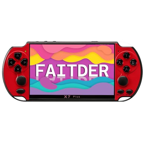 FAITDER X7Plus 5.1-inch Linux System Portable Retro Handheld Video Game Console, Built-in 10500+ Free Games PS1/GBC/GBA/FC/MD/Arcade, Dual Stick Game Console，Kids Gift（Red & Yellow）