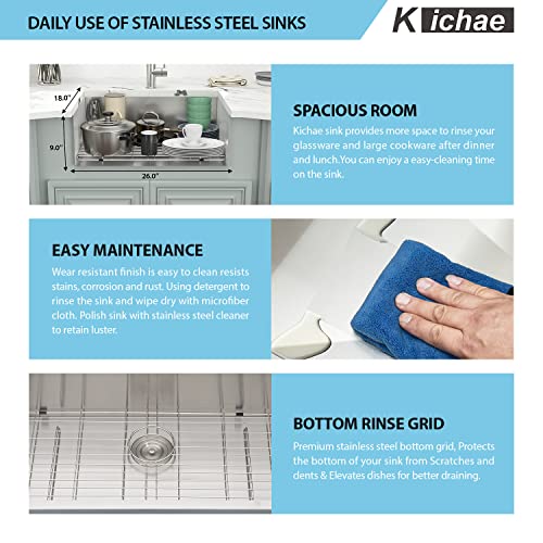 Kichae 12“ Deep Laundry Sink Undermount - 24 Inch Black Undermount Utility Sink Stainless Steel Single Bowl Under Counter Handmade Laundry Utility Room Basin