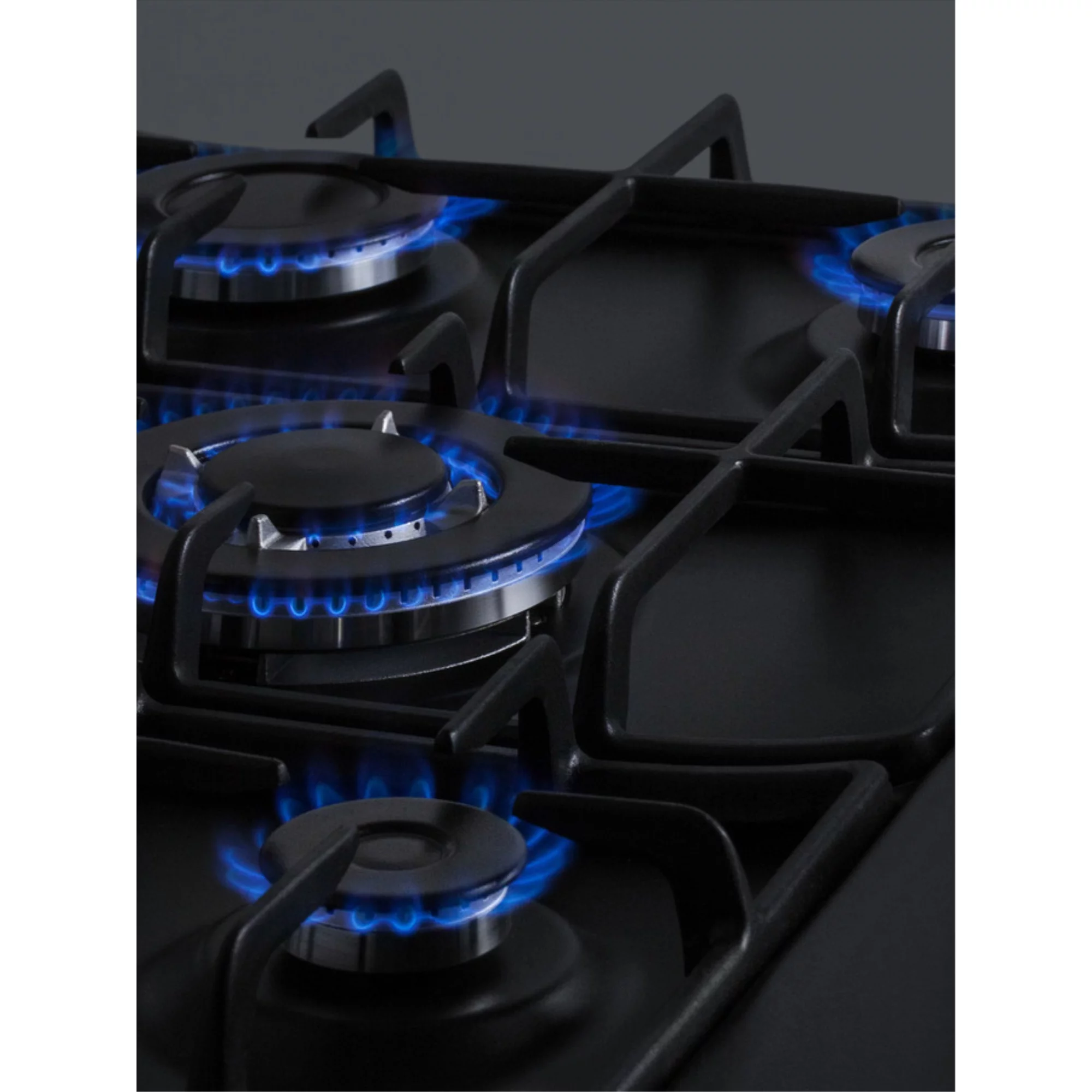 5-burner gas cooktop made in Italy in a black matte finish with sealed burners, cast iron grates, and wok stand; fits standard 24