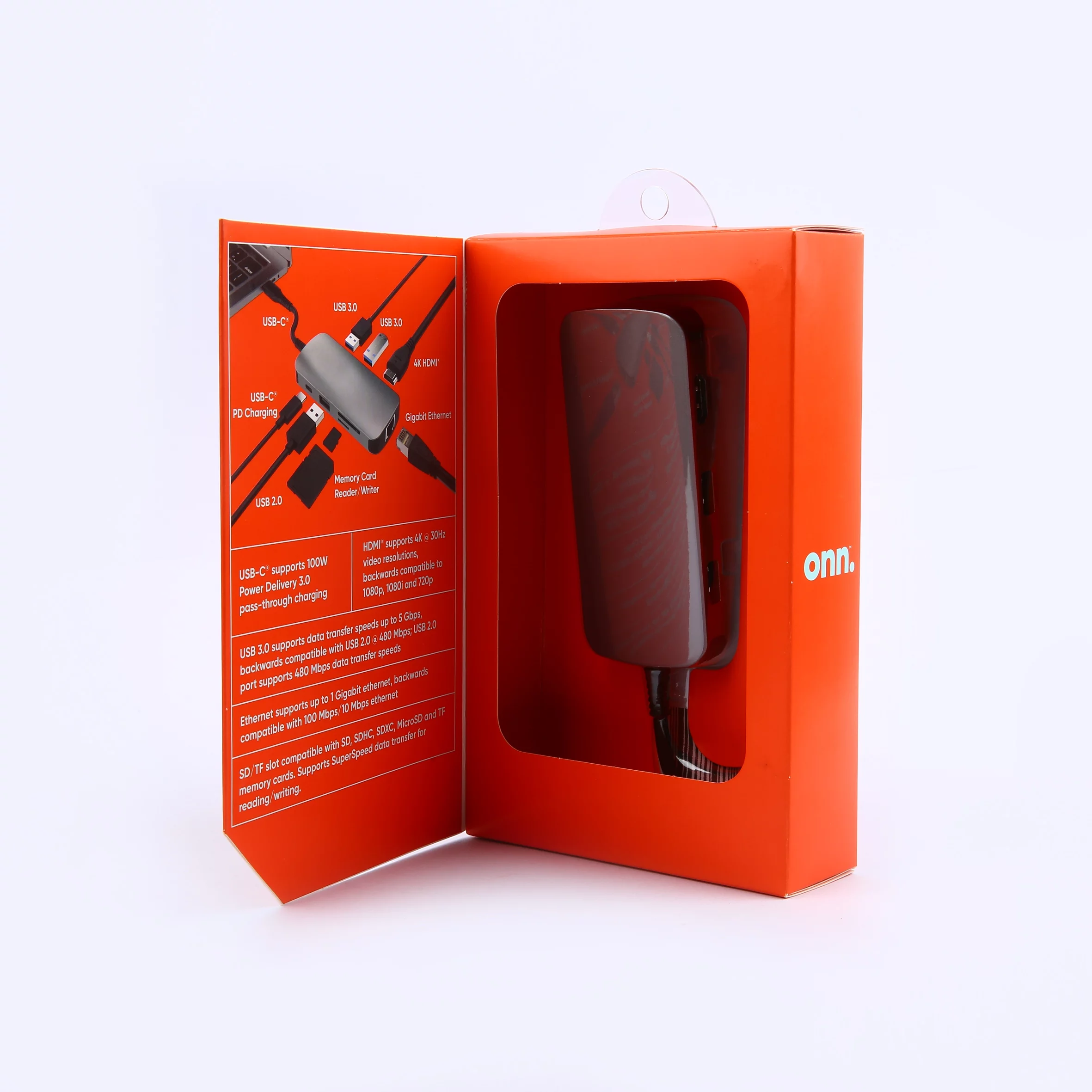 onn. 8-in-1 USB-C Adapter, USB 3.0 and 4K HDMI Compatible