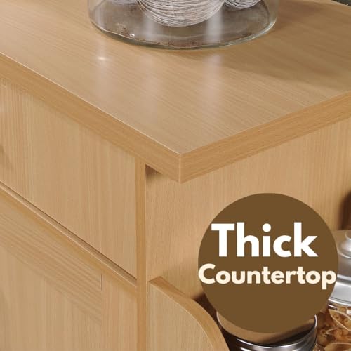 Hodedah Rolling Wood Kitchen Island Cart with Spice Rack, Towel Rack, Utensil Drawer plus Cabinet, White with Beech Top