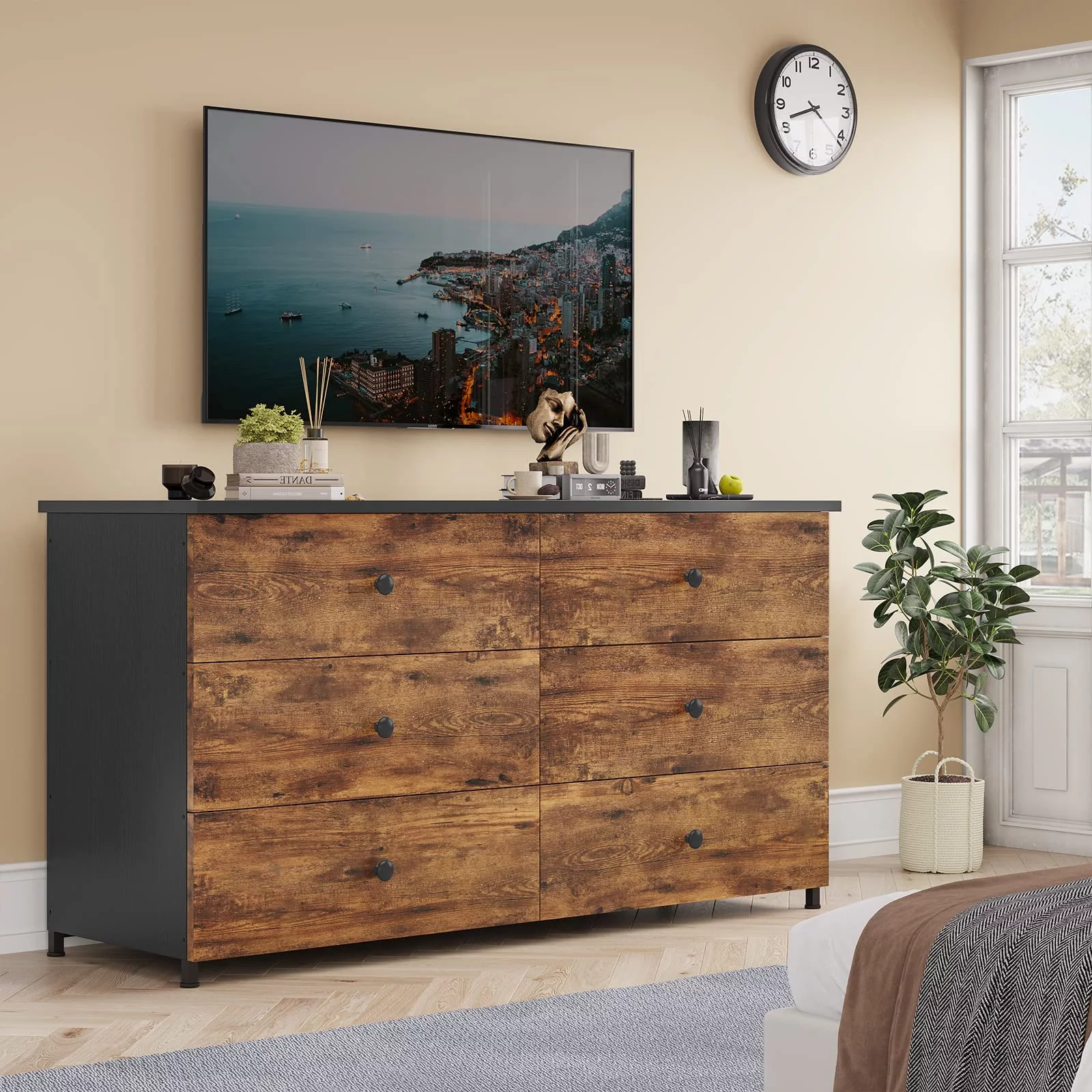 6 Drawer Double Dresser, Wooden Chest of Drawers with Heavy Sturdy Steel Frame, Large Capacity Storage Cabinet, Dresser for Bedroom, Living Room, Entryway,Brown