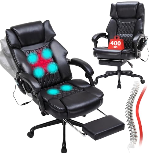 Massage Office Chair with Heat,Reclining Office Chair with Foot Rest,6 Points Vibration Home Desk Chairs for Heavy People 400lbs,Ergonomic Managerial Executive Chair (Grey)