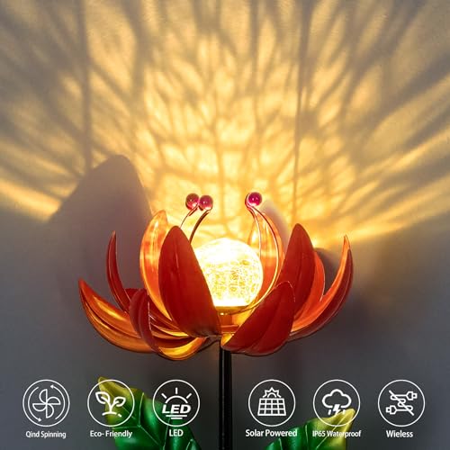 Solar Garden Lights Metal Flower Decor, Colorful Spinning Windmill Lotus Pathway Ligths with LED Cracked Crystal Ball Outdoor Decorative Stake Lighting Waterproof Flower Sculpture for Patio Yard