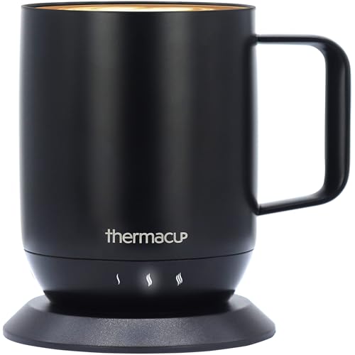 Self-Heating Temperature Controlled Coffee Mug with Lid, Led Electric Smart Cup, 3 Custom Heat Settings, Auto/Off Feature, Keeps Liquids Warm, Sip Smarter (Midnight Black – 14 oz)