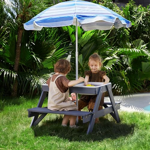 Beright 3-in-1 Kids Picnic Table, Play Sand and Water Sensory Table with Height Adjustable Umbrella & Removable Tabletop, Kids Wooden Outdoor Table, with 3 Storage Bins, Upgraded
