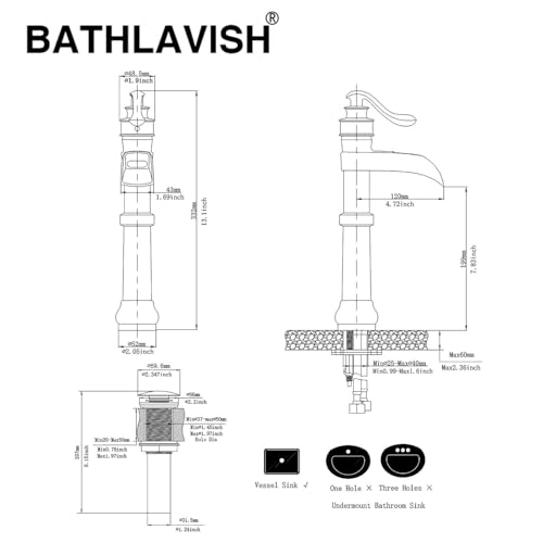 Vessel Sink Faucet, Oil Rubbed Bronze Black Bathroom Faucet, Farmhouse Waterfall Sink Faucet Single Hole with Pop Up Drain Assembly Without Overflow One Hole Mixer Tap Deck Mount