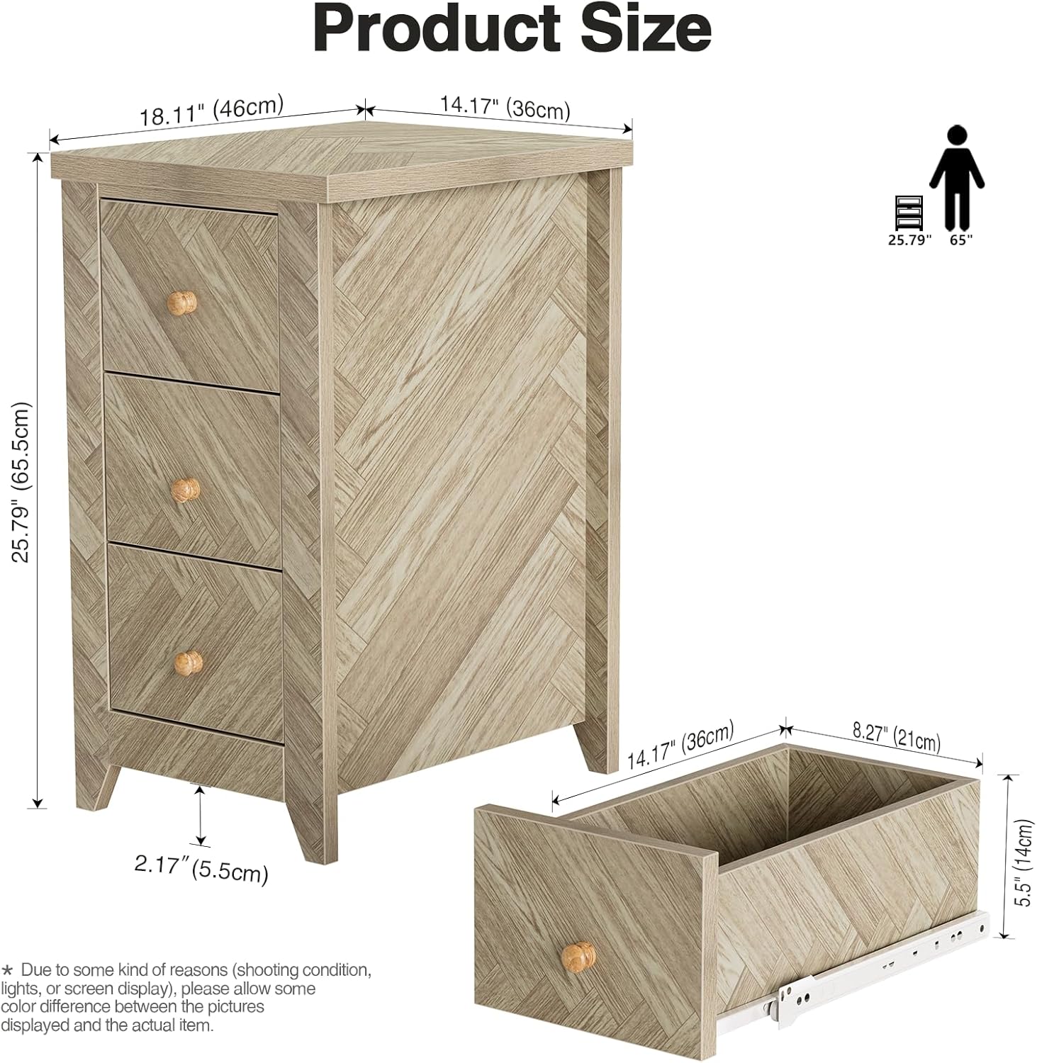 Anmytek End Table with 3 Drawers, Wood Narrow Side Table for Living Room, Skinny Nightstand Modern Bedside Table for Bedroom, Dorm, Small Spaces, Sofa, 18.11