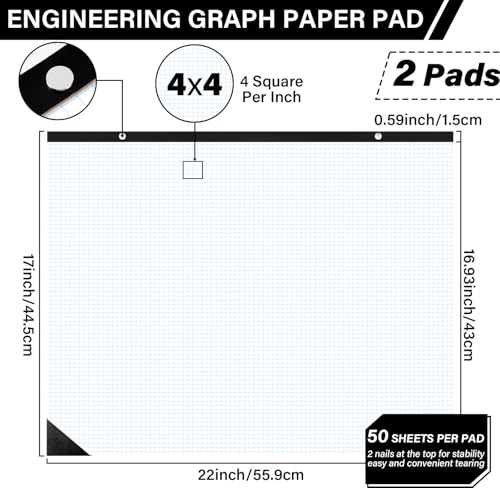 gisgfim 2 Pads Large Engineering Graph Paper 22x17 inch Sturdy Graph Desk Pad 1/4inch Quad Grid Blueprint Paper Giant Drafting Pad Sketching Graph Paper for Engineer Architect Designer Mathematician